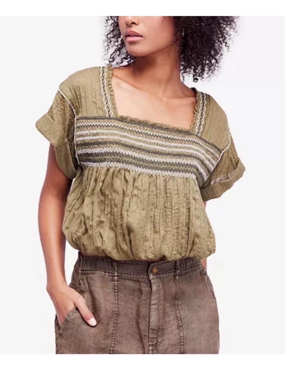 Free People Wandering Skies Olive Smocked Square-Neck Blouse